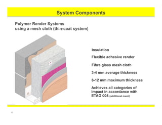 System Components
6
Insulation
Flexible adhesive render
Fibre glass mesh cloth
3-4 mm average thickness
6-12 mm maximum thickness
Achieves all categories of
Impact in accordance with
ETAG 004 (additional mesh)
Polymer Render Systems
using a mesh cloth (thin-coat system)
 