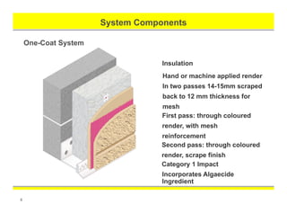 System Components
8
Insulation
Hand or machine applied render
In two passes 14-15mm scraped
back to 12 mm thickness for
mesh
First pass: through coloured
render, with mesh
reinforcement
Second pass: through coloured
render, scrape finish
One-Coat System
Category 1 Impact
Incorporates Algaecide
Ingredient
 
