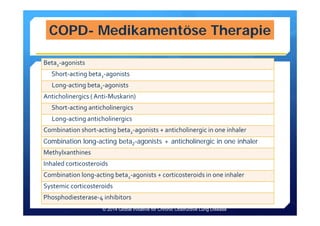COPD- Medikamentöse Therapie
Beta2‐agonists
Short‐acting beta2‐agonists
Long‐acting beta2‐agonists
Anticholinergics ( Anti‐Muskarin)
Short‐acting anticholinergics
Long‐acting anticholinergics
Combination short‐acting beta2‐agonists + anticholinergic in one inhaler 
Combination long-acting beta2-agonists + anticholinergic in one inhaler
Methylxanthines
Inhaled corticosteroids 
Combination long‐acting beta2‐agonists + corticosteroids in one inhaler
Systemic corticosteroids
Phosphodiesterase‐4 inhibitors
© 2014 Global Initiative for Chronic Obstructive Lung Disease
 