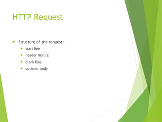 HTTP Request
 Structure of the request:
 start line
 header field(s)
 blank line
 optional body
29
 