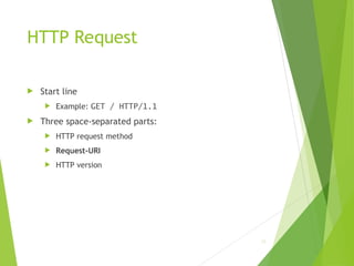 HTTP Request
 Start line
 Example: GET / HTTP/1.1
 Three space-separated parts:
 HTTP request method
 Request-URI
 HTTP version
33
 