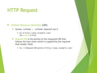 HTTP Request
 Uniform Resource Identifier (URI)
 Syntax: scheme : scheme-depend-part
 Ex: In http://www.example.com/
the scheme is http
 Request-URI is the portion of the requested URI that
follows the host name (which is supplied by the required
Host header field)
 Ex: / is Request-URI portion of http://www.example.com/
34
 