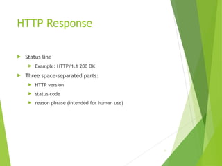 HTTP Response
 Status line
 Example: HTTP/1.1 200 OK
 Three space-separated parts:
 HTTP version
 status code
 reason phrase (intended for human use)
45
 