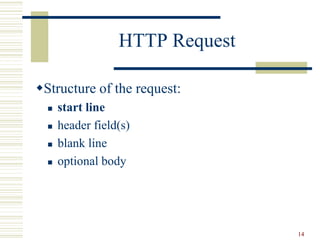 14
HTTP Request
Structure of the request:
 start line
 header field(s)
 blank line
 optional body
 