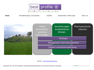 best profile ®
                                                  Networking, Eficiency, Timing , Innovation, New business , Globality

    Home                        Dienstleistungen und produkte                             Ausblick                 Gesammelte Erfahrungen       Über uns




                                                                     Hotels                                Versicherungen              Pharmazeutische
                                                                  Gesundheits-                             Krankenhäuser                   industrie
                                                                   tourismus                                   Kliniken
                                                                  Wohnanlagen
                                                                                                                         Strategie

                                                                                             Management informationstechnik

                                                                                              Support entscheidungsfindung




                                                                      KONTAKT: information@bestprofile.eu



© bestprofile, 2011 Alle rechte vorbehalten. Internationale Managementberatung in den Bereichen Business and Technology              rivadeneiraconsulting
 