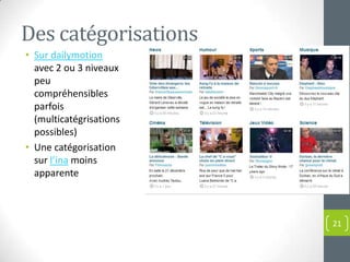 Des catégorisations
• Sur dailymotion
  avec 2 ou 3 niveaux
  peu
  compréhensibles
  parfois
  (multicatégrisations
  possibles)
• Une catégorisation
  sur l’ina moins
  apparente



                         21
 
