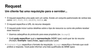 Request
Um cliente faz uma requisição para o servidor...
• O request especifica uma ação com um verbo. Existe um conjunto padronizado de verbos tais
como: GET, POST, PUT, DELETE, PATCH, etc
• O request especifica a URL do recurso desejado
• O request pode incluir outros detalhes sobre o tipo de resource ou como ele prefere receber
esse resource
• Usamos cabeçalhos do protocolo para esse propósito (ex. Accept)
• Você pode especificar qual a representação (MIME type) você quer ter do recurso
(Accept). Exemplo: text/html, application/json
• Content-Type especifica o formato da requisição. Accept especifica o formato que você
prefere a resposta. Você pode informar uma lista qualificada de MIME types
 