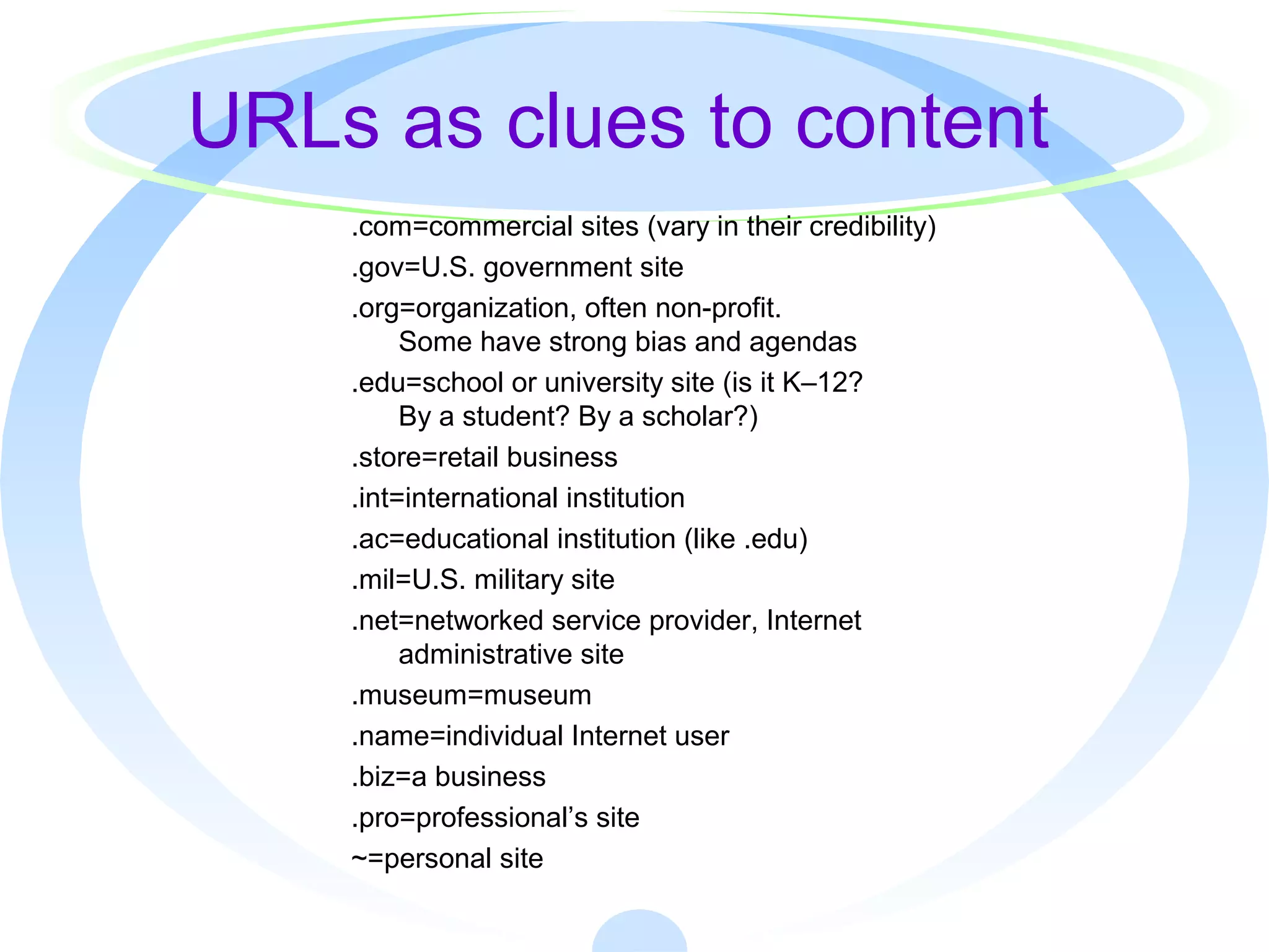URLs as clues to content
.com=commercial sites (vary in their credibility)
.gov=U.S. government site
.org=organization, often non-profit.
Some have strong bias and agendas
.edu=school or university site (is it K–12?
By a student? By a scholar?)
.store=retail business
.int=international institution
.ac=educational institution (like .edu)
.mil=U.S. military site
.net=networked service provider, Internet
administrative site
.museum=museum
.name=individual Internet user
.biz=a business
.pro=professional’s site
~=personal site
 