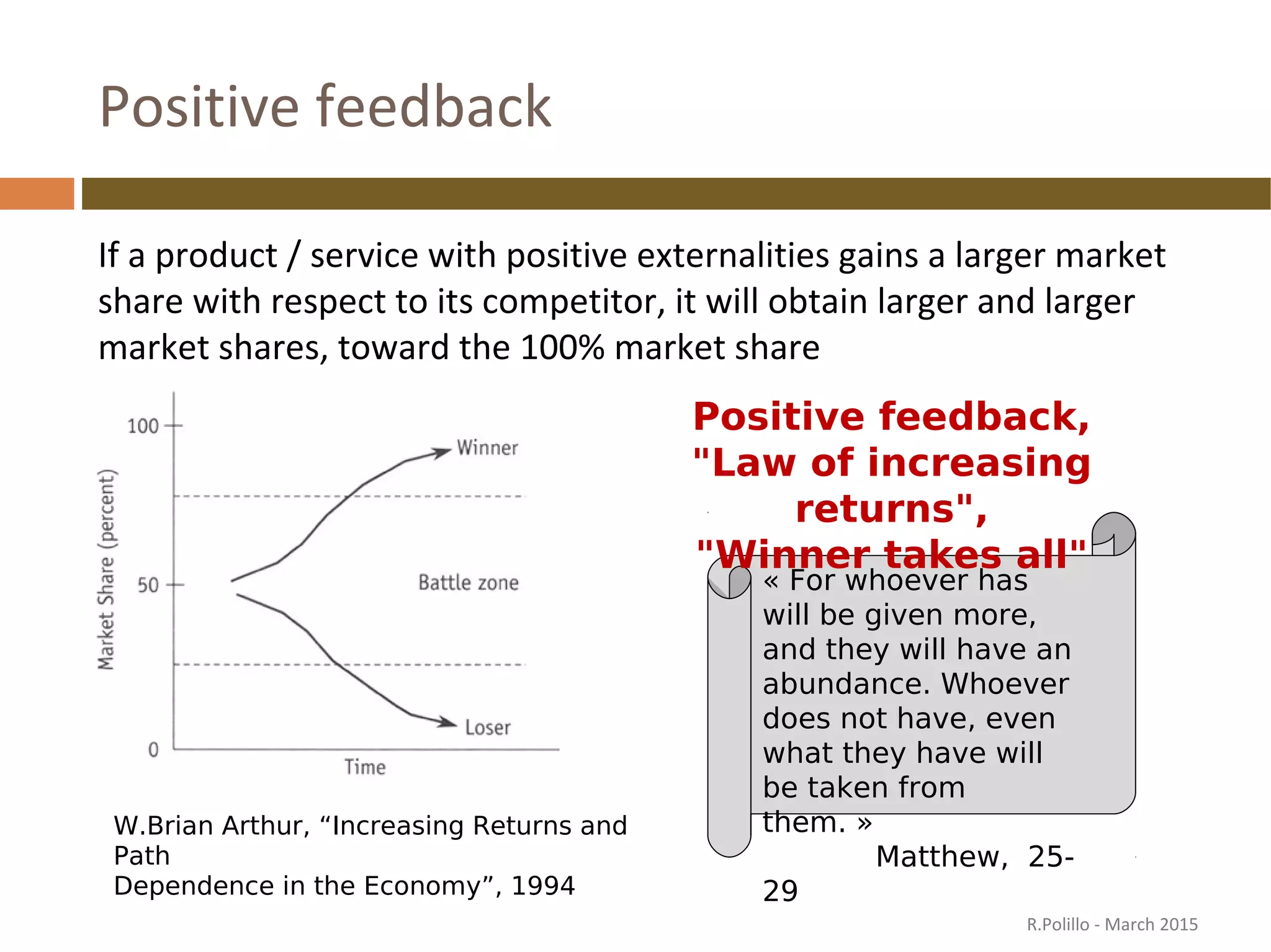 Positive feedback
If a product / service with positive externalities gains a larger market
share with respect to its competitor, it will obtain larger and larger
market shares, toward the 100% market share
W.Brian Arthur, “Increasing Returns and
Path
Dependence in the Economy”, 1994
« For whoever has
will be given more,
and they will have an
abundance. Whoever
does not have, even
what they have will
be taken from
them. »
Matthew, 25-
29
Positive feedback,
"Law of increasing
returns",
"Winner takes all"
R.Polillo - March 2015
 