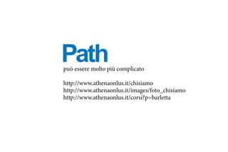 Pathpuò essere molto più complicato
http://www.athenaonlus.it/chisiamo
http://www.athenaonlus.it/images/foto_chisiamo
http://www.athenaonlus.it/corsi?p=barletta
 