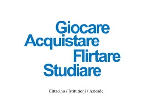 Studiare
Cittadino / Istituzioni / Aziende
Acquistare
Giocare
Flirtare
 