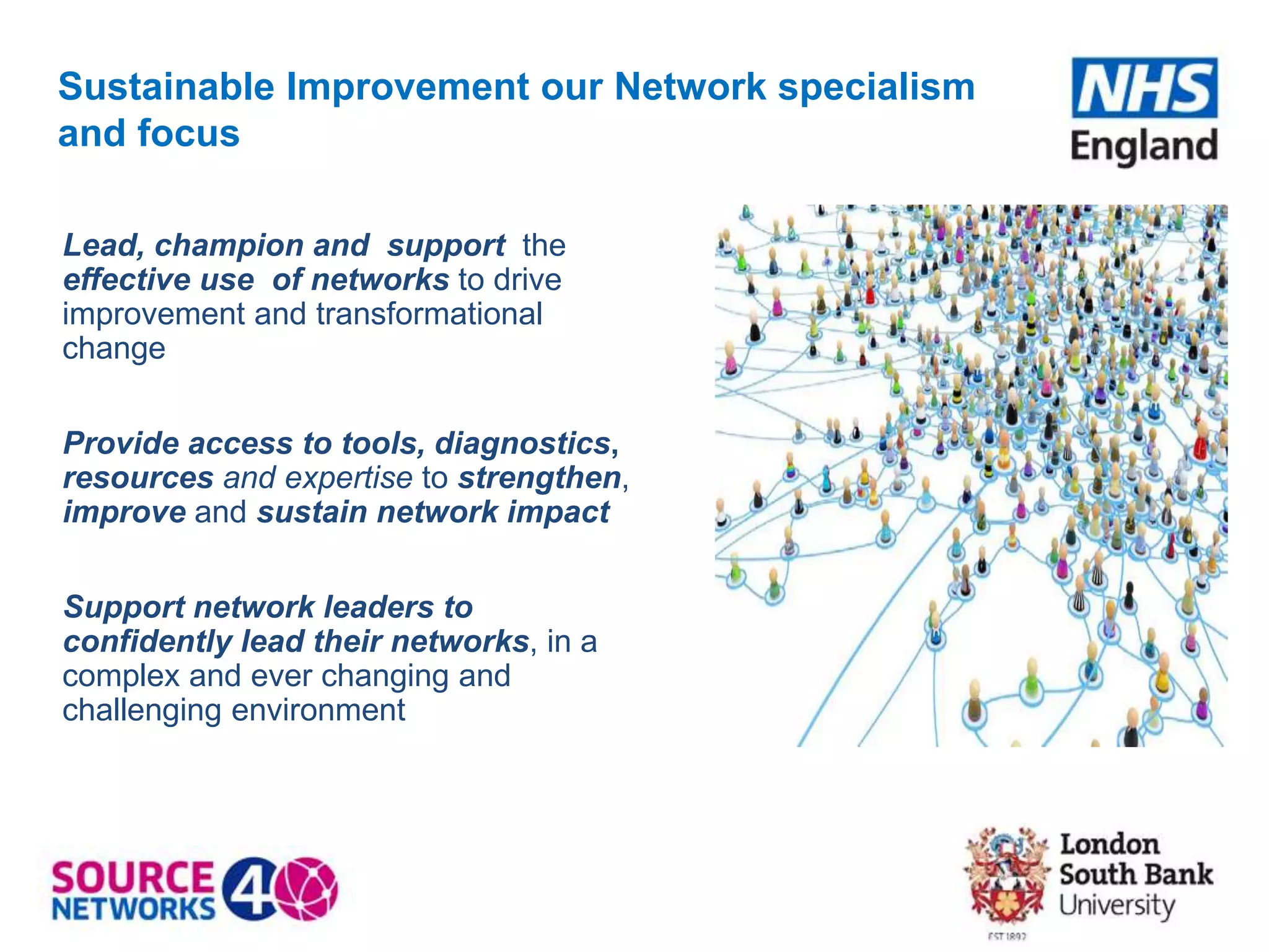 Lead, champion and support the
effective use of networks to drive
improvement and transformational
change
Provide access to tools, diagnostics,
resources and expertise to strengthen,
improve and sustain network impact
Support network leaders to
confidently lead their networks, in a
complex and ever changing and
challenging environment
Sustainable Improvement our Network specialism
and focus
 