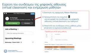 Εύρεση του συνδέσμου της ψηφιακής αίθουσας
(virtual classroom) και ενημέρωση μαθητών
1) Εκκίνηση της εφαρμογής Webex Meetings
2) Χρησιμοποίηση του κουμπιού
για αντιγραφή του συνδέσμου της ψηφιακής
αίθουσας (virtual classroom) του καθηγητή
3) Αποστολή του συνδέσμου στους μαθητές μέσω
email από το σχολείο/εκπαιδευτικό
Παράδειγμα email προς μαθητές
 