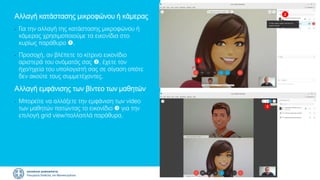 Αλλαγή κατάστασης μικροφώνου ή κάμερας
• Για την αλλαγή της κατάστασης μικροφώνου ή
κάμερας χρησιμοποιούμε τα εικονίδια στο
κυρίως παράθυρο .
• Προσοχή, αν βλέπετε το κίτρινο εικονίδιο
αριστερά του ονόματός σας , έχετε τον
ήχο/ηχεία του υπολογιστή σας σε σίγαση οπότε
δεν ακούτε τους συμμετέχοντες.
Αλλαγή εμφάνισης των βίντεο των μαθητών
• Μπορείτε να αλλάξετε την εμφάνιση των video
των μαθητών πατώντας το εικονίδιο  για την
επιλογή grid view/πολλαπλά παράθυρα.
1
2
3
 