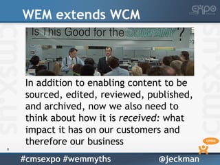 WEM extends WCM



    In addition to enabling content to be
    sourced, edited, reviewed, published,
    and archived, n...
