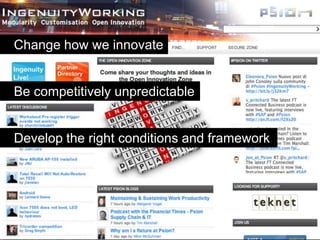 Change how we innovate


Be competitively unpredictable


Develop the right conditions and framework
 