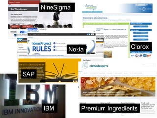 NineSigma




              Nokia               Clorox



SAP




      IBM         Premium Ingredients
 