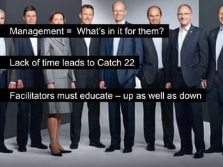 Management = What’s in it for them?


Lack of time leads to Catch 22


Facilitators must educate – up as well as down
 
