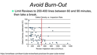 https://smartbear.com/learn/code-review/best-practices-for-peer-code-review/
Limit Reviews to 200-400 lines between 60 and 90 minutes,
then take a break.
Avoid Burn-Out
 