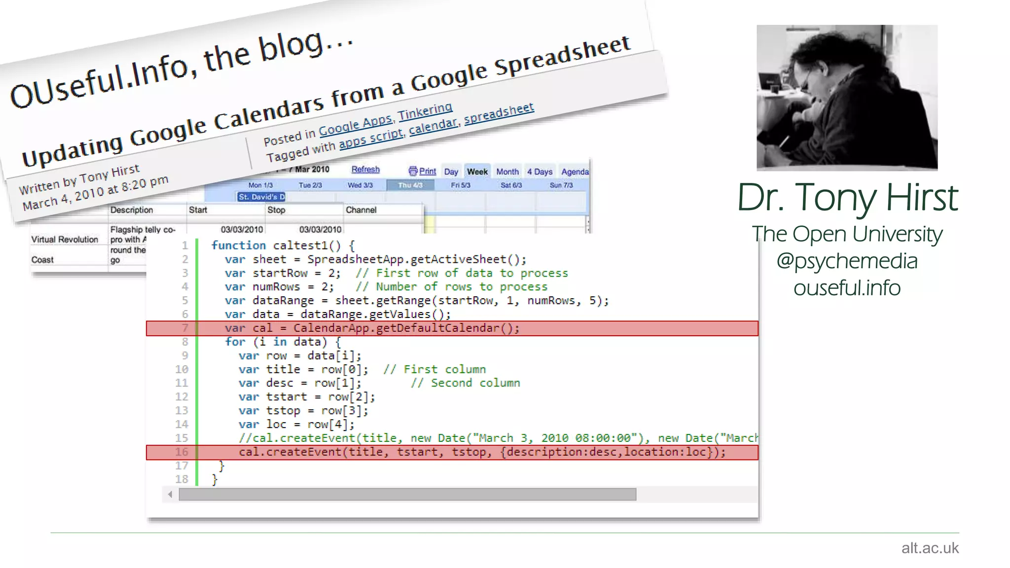 Say hello to Google Apps Script 
CC-BY Google – Google Apps Script, 13-03-2012 
alt.ac.uk 
http://bit.ly/breaking-cell 
 