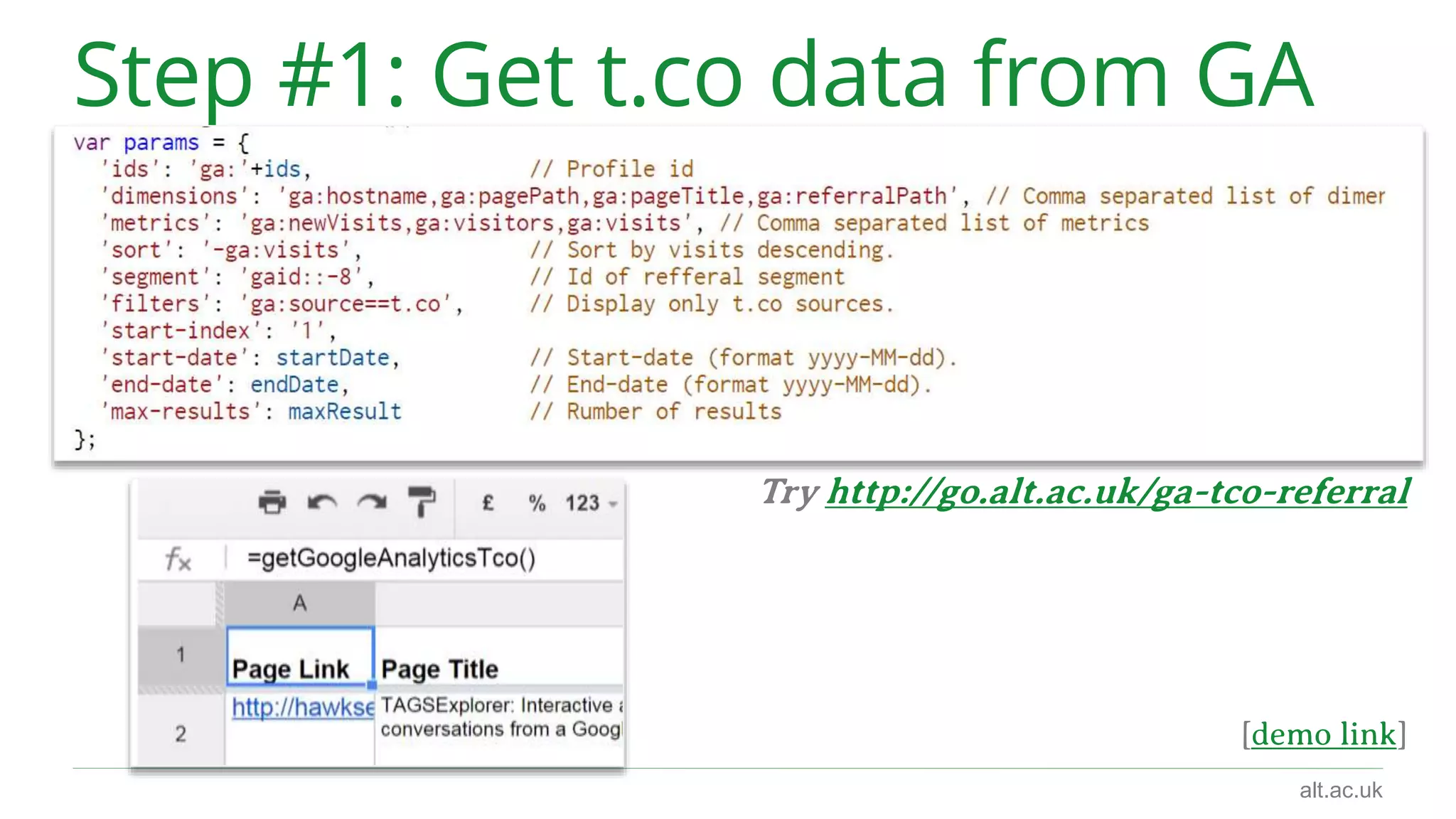 Step #1: Get t.co data from GA 
Try http://go.alt.ac.uk/ga-tco-referral 
[demo link] 
alt.ac.uk 
http://bit.ly/breaking-cell 
 