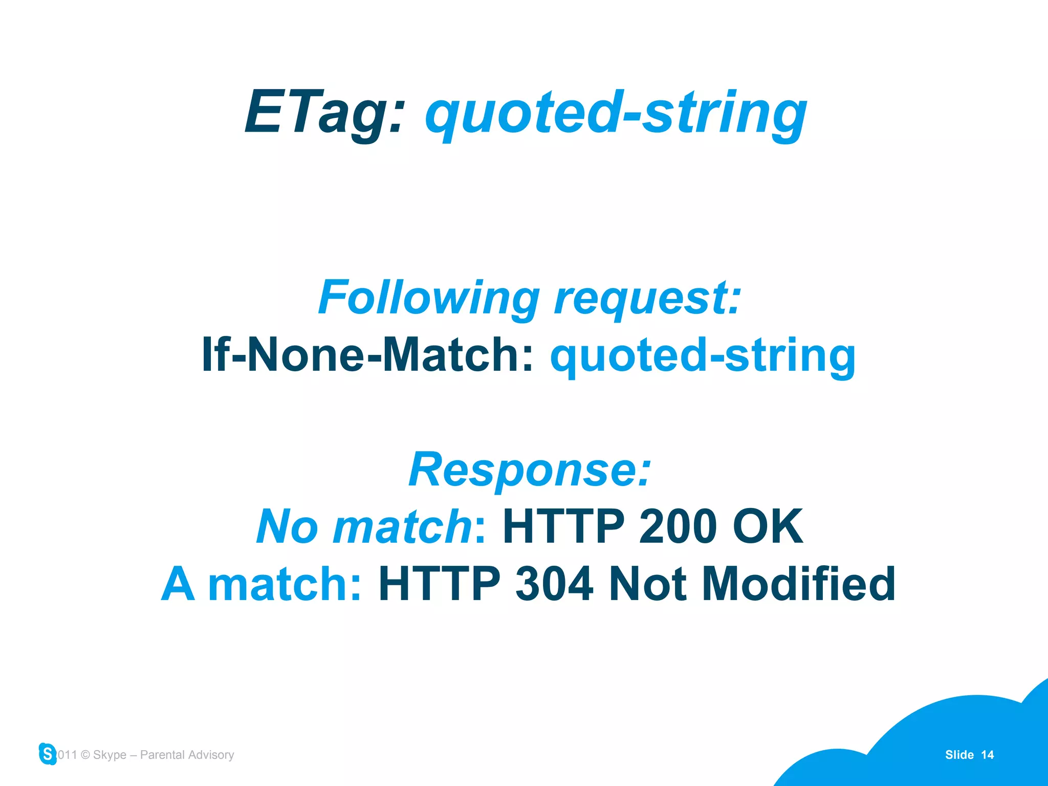 ETag:  quoted-string Following request: If-None-Match:  quoted-string Response: No match :  HTTP 200 OK A match:  HTTP 304 Not Modified 