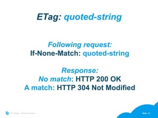 ETag:  quoted-string Following request: If-None-Match:  quoted-string Response: No match :  HTTP 200 OK A match:  HTTP 304 Not Modified 