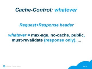 Request+Response header whatever =  max-age ,  no-cache ,  public ,  must-revalidate  (response only),  ... Cache-Control:  whatever 