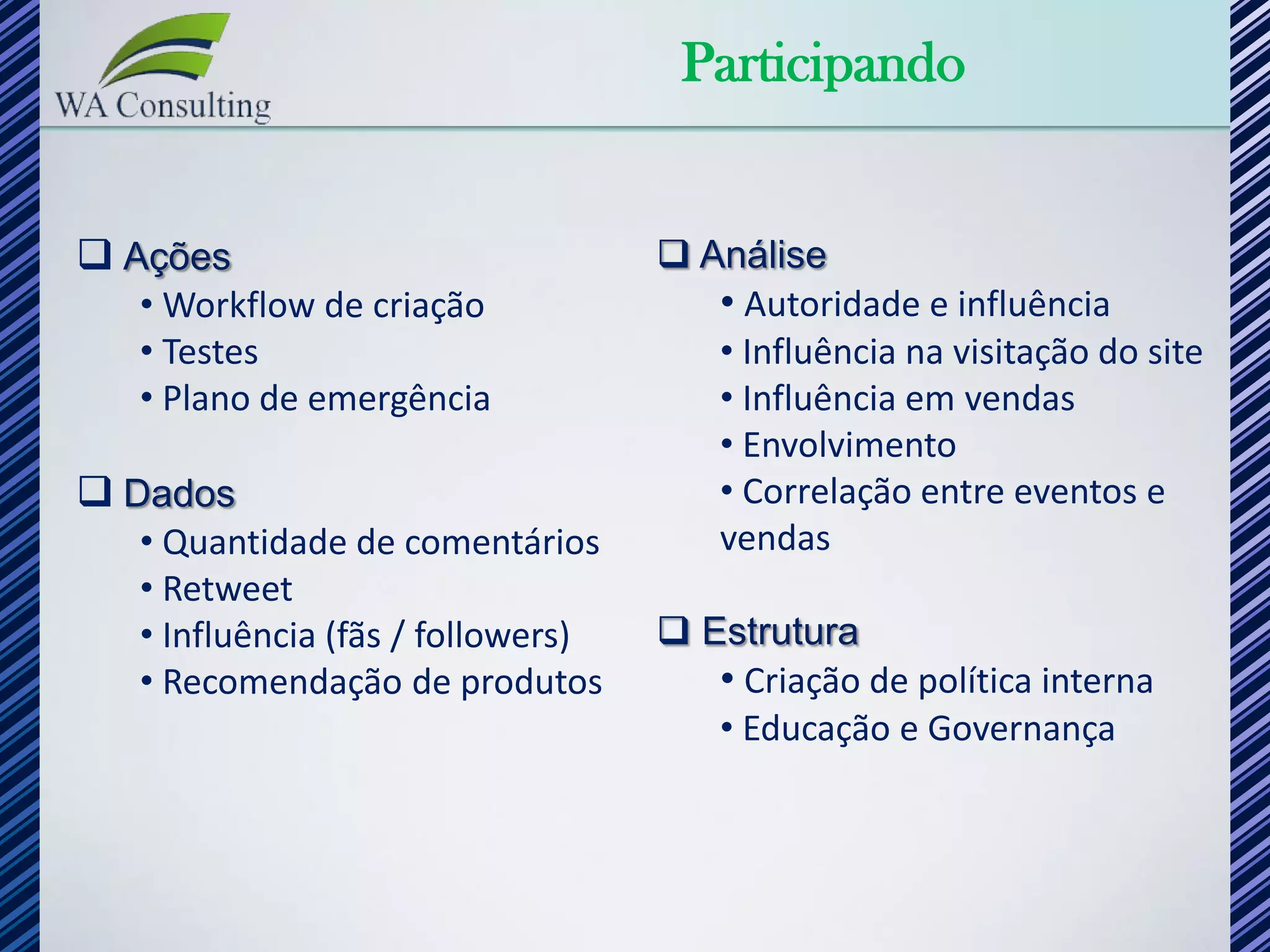 Participando


 Ações                             Análise
  • Workflow de criação               • Autoridade e influência
  • Testes                            • Influência na visitação do site
  • Plano de emergência               • Influência em vendas
                                      • Envolvimento
 Dados                               • Correlação entre eventos e
  • Quantidade de comentários         vendas
  • Retweet
  • Influência (fãs / followers)    Estrutura
  • Recomendação de produtos          • Criação de política interna
                                      • Educação e Governança
 