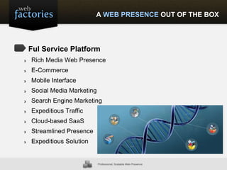 Ful Service Platform
Rich Media Web Presence
E-Commerce
Mobile Interface
Social Media Marketing
Search Engine Marketing
Expeditious Traffic
Cloud-based SaaS
Streamlined Presence
Expeditious Solution
A WEB PRESENCE OUT OF THE BOX
 