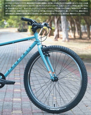 FLYERはシンプルなバイクです。精度を要求する面倒な調整は一切不要。もちろん、空力や宇宙開発に使うテクノロジーとも無
縁です。ただ楽しく乗るためだけに設計された割り切ったエブリデイバイクです。心地よいハンドリング性能と耐久性。それ以
外、何が必要でしょうか？　ゆったりとしたジオメトリーのフレームは2サイズを用意。それでも幅広い身長のライダーに適応し
ます。長年に亘り実績のある7速ドライブトレインは、街や裏山を走るには十分な性能です。幅2.0″のタイヤは、舗装の荒れた
都市の路面や、未舗装路で快適な乗り心地を提供します。必要なものが見えている人に選ばれる、無駄のないバイクです。
 