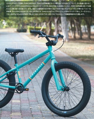2020モデルとして登場したMACARONIは、子供たちが自転車にすぐに乗れるようになること、そして、日々快適に走れるこ
とをテーマにデザインされたFAIRDALE初のキッズバイクです。BMXで培った技術をベースに、子供たちが乱暴に扱っても壊
れにくい高い耐久性を備えています。6歳から9歳程度のお子様が、まるで自宅で過ごすようにくつろいで乗れるハッピーな
自転車。それがMACARONIです。MACARONIには、FAIRDALEを立ち上げたレジェンドBMXライダーであり、アーチストとし
ても人気のTaj Mihelichが特別に描いた『MACARONI THE UNICONE TIGER』という短編冒険絵本が付属します。
 