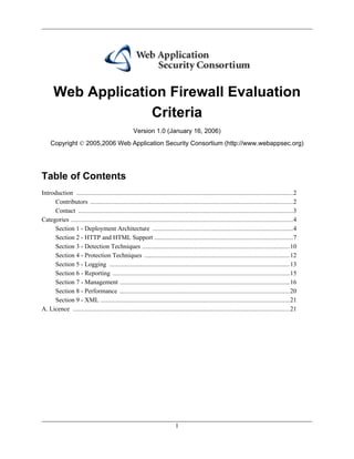 Web Application Firewall Evaluation
                   Criteria
                                                  Version 1.0 (January 16, 2006)
    Copyright © 2005,2006 Web Application Security Consortium (http://www.webappsec.org)




Table of Contents
Introduction .............................................................................................................................2
     Contributors .....................................................................................................................2
     Contact ............................................................................................................................3
Categories ................................................................................................................................4
     Section 1 - Deployment Architecture .................................................................................4
     Section 2 - HTTP and HTML Support ...........