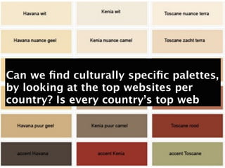 Can we ﬁnd culturally speciﬁc palettes,
by looking at the top websites per
country? Is every country’s top web
 