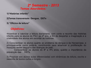 2º Semestre - 2013

Temas Abordados:
1)“Histórias infantis”

2)Temas transversais: Dengue, DSTs
3) “Oficina de leitura”

Objetivos:
•Incentivar e valorizar a leitura diariamene, com conto e reconto das histórias
infantis para os alunos do Pré I ao 4ª ano, a fim de despertar a imaginação e a
criatividade dos alunos em recontar as histórias.
2) Conscientizar os alunos quanto ao problema da dengue e da Hanseníase, e
principalmente como evitá-la, contribuindo para amenizar a proliferação do
mosquito aedes aegypt e das doenças de pele.
Conscientizar os alunos do 8º e 9ºs anos, quanto a importância da
prevenção das DSTs.
3) Propiciar aos alunos aulas diferenciadas com dinâmicas de leitura, escrita e
reescrita de textos curtos e longos.

 