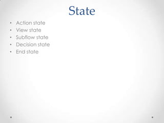 State
•   Action state
•   View state
•   Subflow state
•   Decision state
•   End state
 