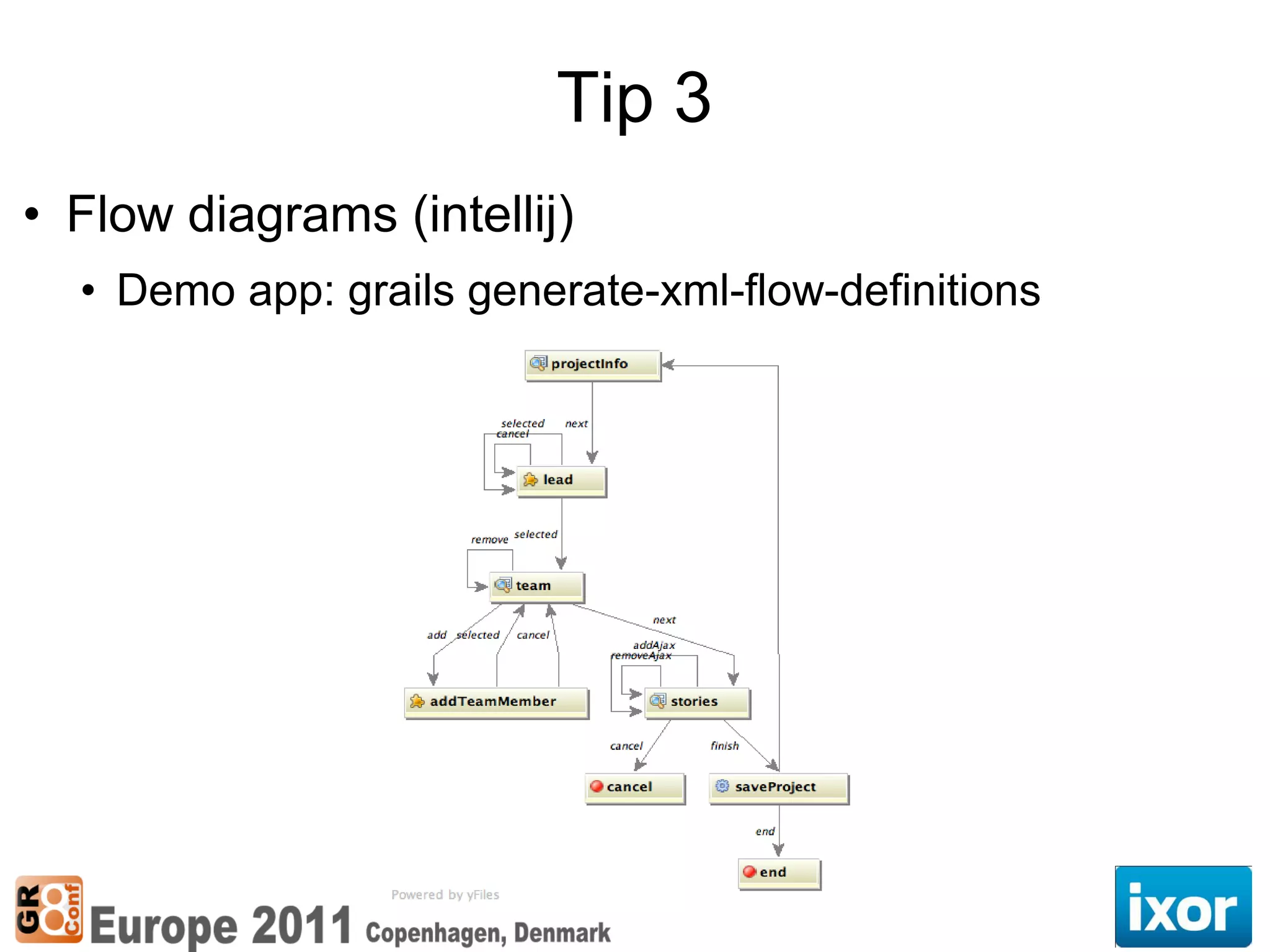 Tip 3
• Flow diagrams (intellij)
  • Demo app: grails generate-xml-flow-definitions
 