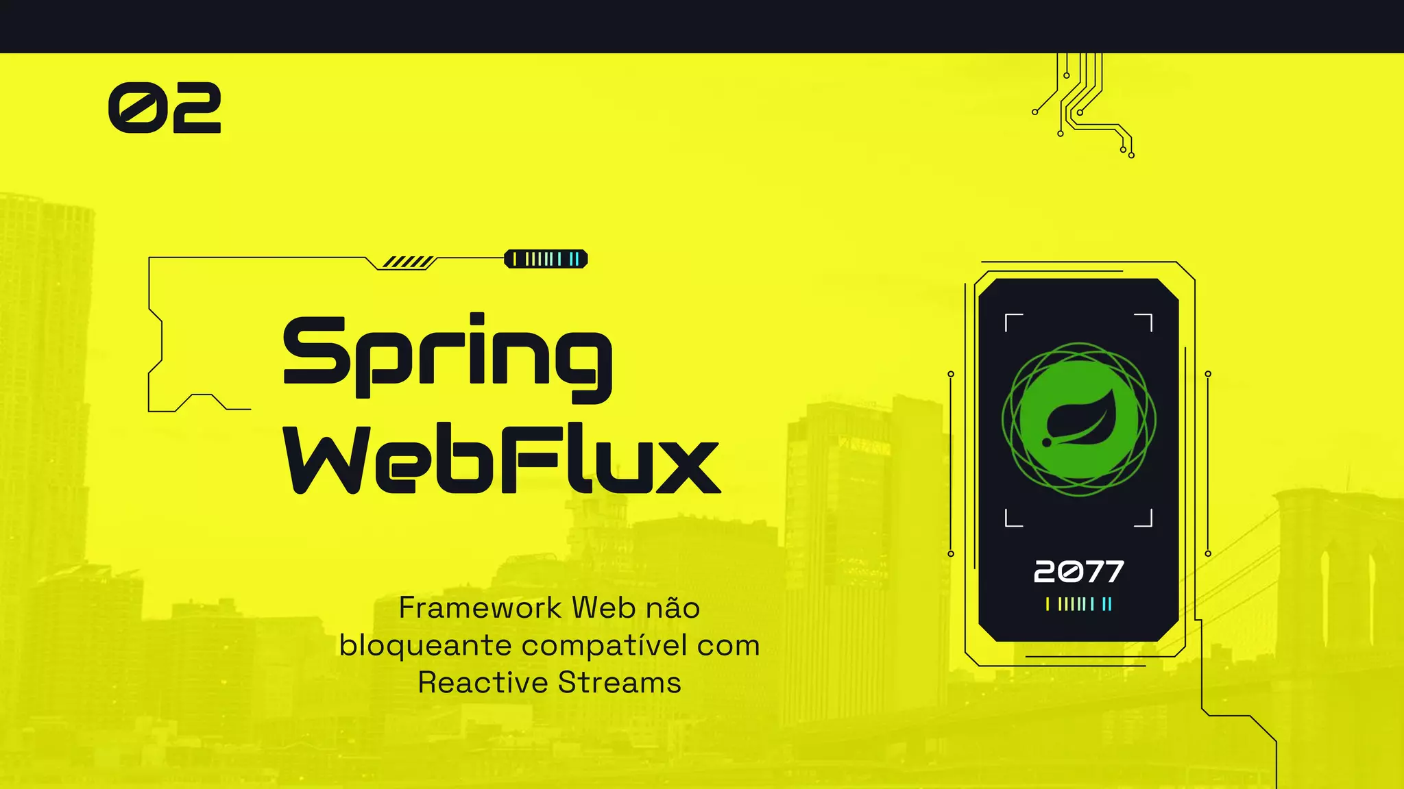 Spring
WebFlux
Framework Web não
bloqueante compatível com
Reactive Streams
2077
02
 