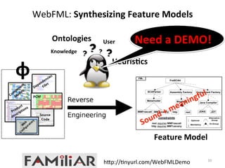Need 
a 
DEMO! 
FraSCAti 
SCAParser 
Java Compiler 
JDK6 JDT 
Optional 
Mandatory 
Alternative- 
Group 
Or-Group 
Assembly Factory 
Binding 
http rest 
MMFrascati 
Component Factory 
Metamodel 
MMTuscany 
constraints 
rest requires MMFrascati 
http requires MMTuscany 
FM1 
Feature 
Model 
Ontologies 
Knowledge 
User 
Heuris@cs 
WebFML: 
Synthesizing 
Feature 
Models 
33 
φ 
h:p://>nyurl.com/WebFMLDemo 
