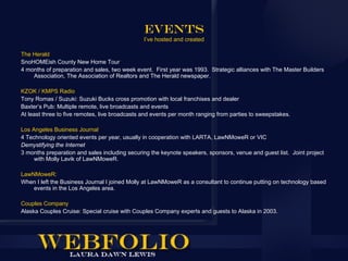 Events
                                               I’ve hosted and created

The Herald
SnoHOMEish County New Home Tour
4 months of preparation and sales, two week event. First year was 1993. Strategic alliances with The Master Builders
    Association, The Association of Realtors and The Herald newspaper.

KZOK / KMPS Radio
Tony Romas / Suzuki: Suzuki Bucks cross promotion with local franchises and dealer
Baxter’s Pub: Multiple remote, live broadcasts and events
At least three to five remotes, live broadcasts and events per month ranging from parties to sweepstakes.

Los Angeles Business Journal
4 Technology oriented events per year, usually in cooperation with LARTA, LawNMoweR or VIC
Demystifying the Internet
3 months preparation and sales including securing the keynote speakers, sponsors, venue and guest list. Joint project
     with Molly Lavik of LawNMoweR.

LawNMoweR:
When I left the Business Journal I joined Molly at LawNMoweR as a consultant to continue putting on technology based
    events in the Los Angeles area.

Couples Company
Alaska Couples Cruise: Special cruise with Couples Company experts and guests to Alaska in 2003.
 