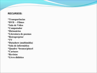 RECURSOS:
*Transparências
*DVD – Filmes
*Sala de Vídeo
*Computador
*Dicionários
*Literatura de poemas
*Retroprojetor
*TV
*Datashow (multimídia)
*Sala de informática
*Quadro *branco/pincel
*Cartazes
*Revistas
*Livro didático

 