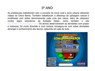 3º ANO
As professoras trabalharam com o conceito de zona rural e zona urbana utilizando
vídeos do Chico Bento. Também trabalharam a diferença de paisagem natural e
modificada com slides demonstrando cada uma dos casos. Além de utilizarem
muitos jogos educativos da Estação Saber, como também o site
http://www.professoracarol.com/ Os alunos desenvolveram as atividades com prazer
e interesse, foi muito divertido e com certeza conseguiu-se com estas atividades
abranger o conhecimento dos alunos, adquirido em sala de aula.

 