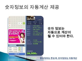 숫자정보의 자동계산 제공숫자 정보는자동으로 계산이 될 수 있어야 한다.중요정보는 한눈에, 숫자정보는 자동계산