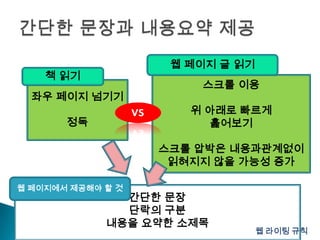 간단한 문장과 내용요약 제공웹 페이지 글 읽기책 읽기스크롤 이용위 아래로 빠르게 훑어보기스크롤 압박은 내용과관계없이 읽혀지지 않을 가능성 증가좌우 페이지 넘기기정독vs웹 페이지에서 제공해야 할 것간단한 문장단락의 구분내용을 요약한 소제목웹 라이팅 규칙