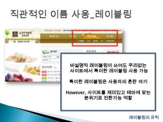 직관적인 이름 사용_레이블링비설명적 레이블링이 쓰여도 무리없는 사이트에서 특이한 레이블링 사용 가능특이한 레이블링은 사용자의 혼란 야기However, 사이트를 재미있고 테마에 맞는분위기로 전환가능 역할레이블링의 규칙