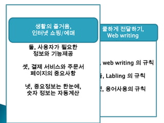 contents하나, 주객 전도 주의둘, 사용자가 필요한 정보와 기능제공셋, 결제 서비스와 주문서 페이지의중요사항넷, 중요정보는 한눈에,숫자 정보는 자동계산생활의 즐거움,인터넷 쇼핑/예매쿨하게 전달하기,Web writing하나, web writing 의 규칙둘, Labling의 규칙셋, 용어사용의 규칙