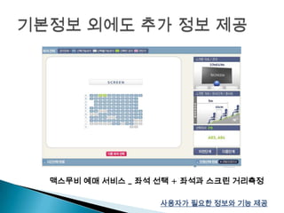 기본정보 외에도 추가 정보 제공맥스무비 예매 서비스 _ 좌석 선택 + 좌석과 스크린 거리측정사용자가 필요한 정보와 기능 제공