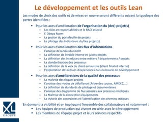 Le développement et les outils Lean
Les modes de choix des outils et de mises en œuvre seront différents suivant la typologie des
pertes identifiées :
 Pour les axes d’amélioration de l’organisation du (des) projet(s)
‒ Les rôles et responsabilités et le RACI associé
‒ L’ Obeya Room
‒ La gestion du portefeuille de projets
‒ Le pilotage des indicateurs du/des projet(s)
 Pour les axes d’amélioration des flux d’informations
‒ L’analyse de la Voix du Client
‒ La définition de livrable interne et jalons projets
‒ La définition des interfaces entre métiers / départements / projets
‒ La standardisation des processus
‒ La définition de la voix du client exhaustive (client final et interne)
‒ L’exploitation des retours d’expériences dans la boucle de développement
 Pour les axes d’améliorations de la qualité des processus
‒ La maîtrise des risques projets
‒ L’analyse des modes de défaillance (Arbre des causes, AMDEC,…)
‒ La définition de standards de pilotage et documentaires
‒ L’analyse des diagramme de flux associés aux processus impliqués
‒ La Maîtrise de la conception équipements
‒ La théorie des contraintes et l’identification des chemins critiques
En donnant la visibilité et en impliquant l’ensemble des collaborateurs et notamment :
 Les équipes de production qui vivront en série avec le développement
 Les membres de l’équipe projet et leurs services respectifs
 
