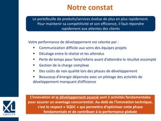 Notre constat
Le portefeuille de produits/services évolue de plus en plus rapidement.
Pour maintenir sa compétitivité et son efficience, il faut répondre
rapidement aux attentes des clients
L’innovation et le développement associé sont 2 activités fondamentales
pour assurer un avantage concurrentiel. Au-delà de l’innovation technique,
c’est le respect « SQDC » qui permettra d’optimiser cette phase
fondamentale et de contribuer à la performance globale
Votre performance de développement est ralentie par :
 Communication difficile aux seins des équipes projets
 Décalage entre le réalisé et les attendus
 Perte de temps pour faire/refaire avant d’atteindre le résultat escompté
 Gestion de la charge complexe
 Des coûts de non qualité lors des phases de développement
 Beaucoup d'énergie dépensée avec un pilotage des activités de
développement manquant d’efficience
 