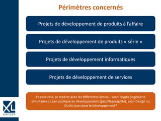 Périmètres concernés
Projets de développement de produits à l’affaire
Projets de développement de produits « série »
Projets de développement informatiques
Projets de développement de services
Et pour cela, se repérer avec les différentes écoles… Lean Toyota (ingénierie
simultanée), Lean appliqué au développement (gaspillage/agilité), Lean Design ou
Outils Lean dans le développement?
 